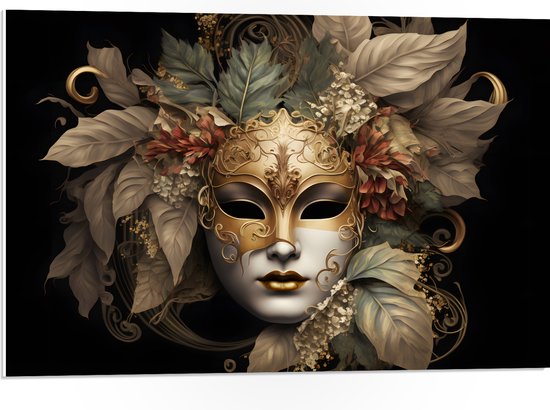 PVC Schuimplaat- Venetiaanse carnavals Masker met Gouden en Beige Details tegen Zwarte Achtergrond - 75x50 cm Foto op PVC Schuimplaat