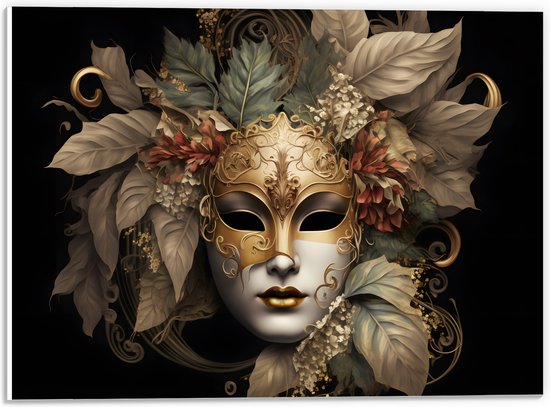 PVC Schuimplaat- Venetiaanse carnavals Masker met Gouden en Beige Details tegen Zwarte Achtergrond - 40x30 cm Foto op PVC Schuimplaat