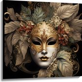Canvas - Venetiaanse carnavals Masker met Gouden en Beige Details tegen Zwarte Achtergrond - 100x100 cm Foto op Canvas Schilderij (Wanddecoratie op Canvas)
