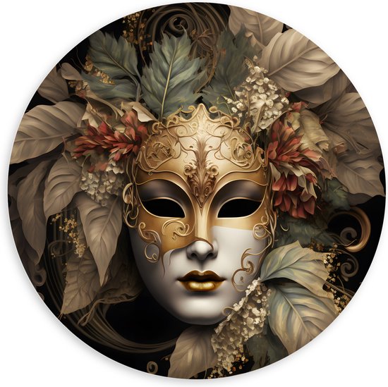 PVC Schuimplaat Muurcirkel - Venetiaanse carnavals Masker met Gouden en Beige Details tegen Zwarte Achtergrond - 100x100 cm Foto op Muurcirkel (met ophangsysteem)