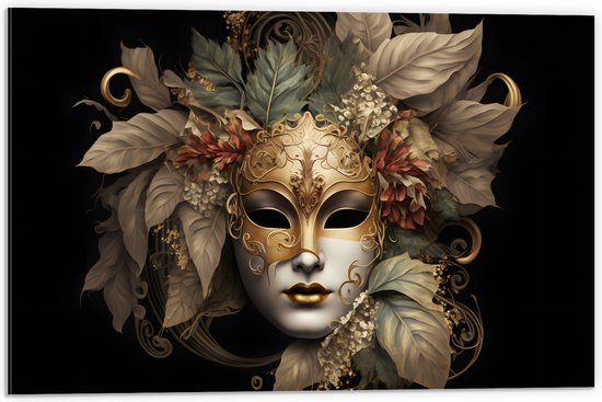 Dibond - Venetiaanse carnavals Masker met Gouden en Beige Details tegen Zwarte Achtergrond - 60x40 cm Foto op Aluminium (Wanddecoratie van metaal)