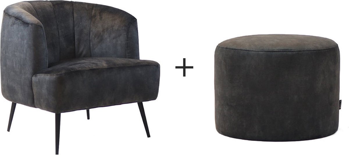 Bronx71® Velvet fauteuil Billy en velvet poef Beau antraciet
