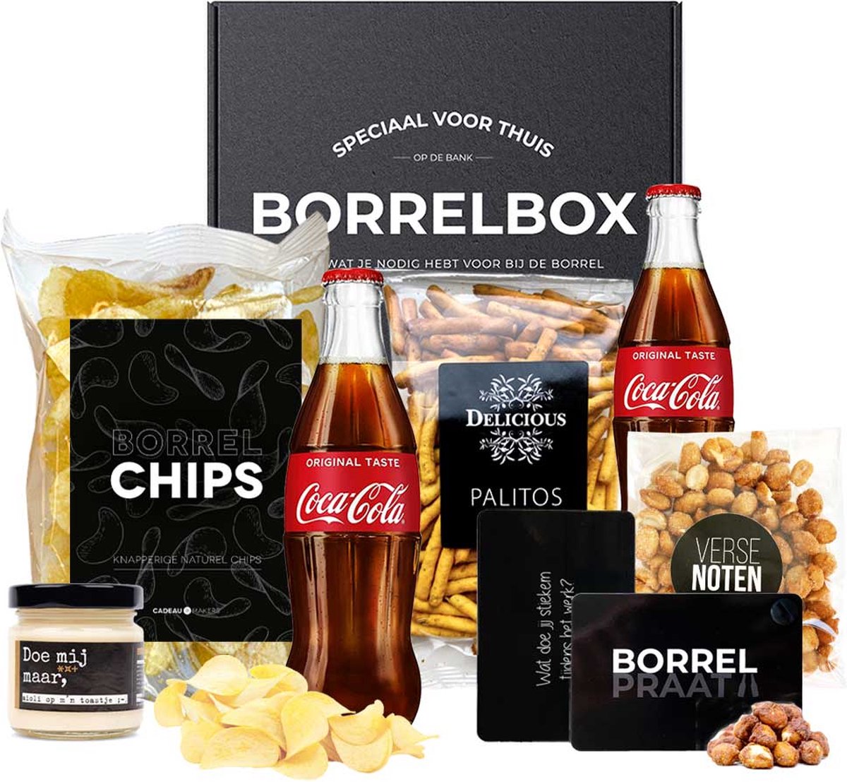 Borrelpakket met Coca-Cola | Alcoholvrije borrelbox met het unieke Borrelpraat spel | Borrelpakket cadeau | Borrelbox cadeau