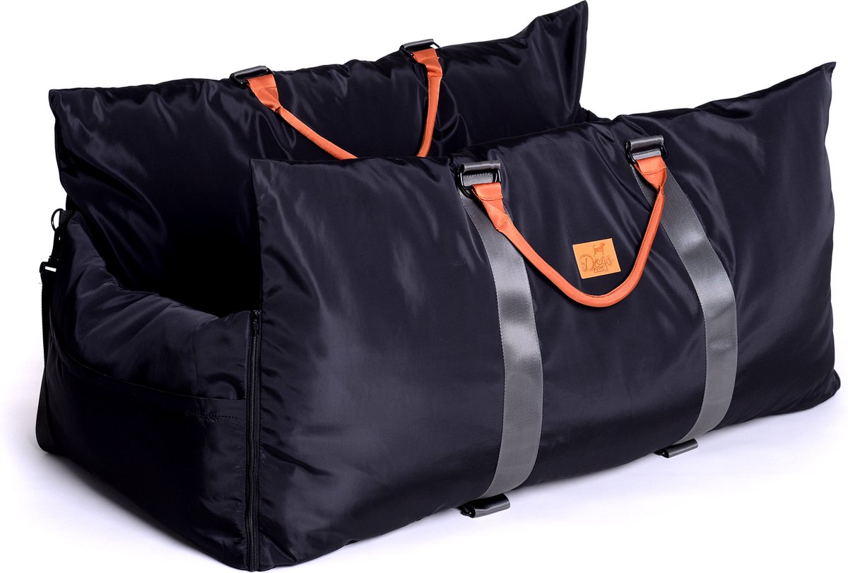 Dogs&Co® ROYAL+ XL ZWART - Luxe Honden Autostoel XL - met Opbergzakjes & hondenriem - Autostoel Hond - Hondenmand - Hondenkussen - Hondenbed - Honden