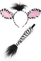 Zebra haarband oren & staart diadeem set - zebraprint zwart wit gestreept dierenpak paard oortjes pak - kinderfeestje