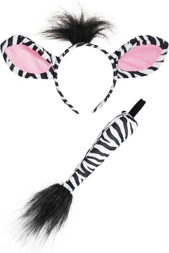 Zebra haarband oren & staart diadeem pakje - zebraprint zwart wit gestreept dierenpak paard oortjes pak - kinderfeestje festival