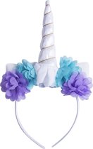 KIMU Eenhoorn Haarband Wit Bloemetjes - Unicorn Diadeem Met Oortjes - Witte Hoorn Bloemen Paars Blauw Wit Festival