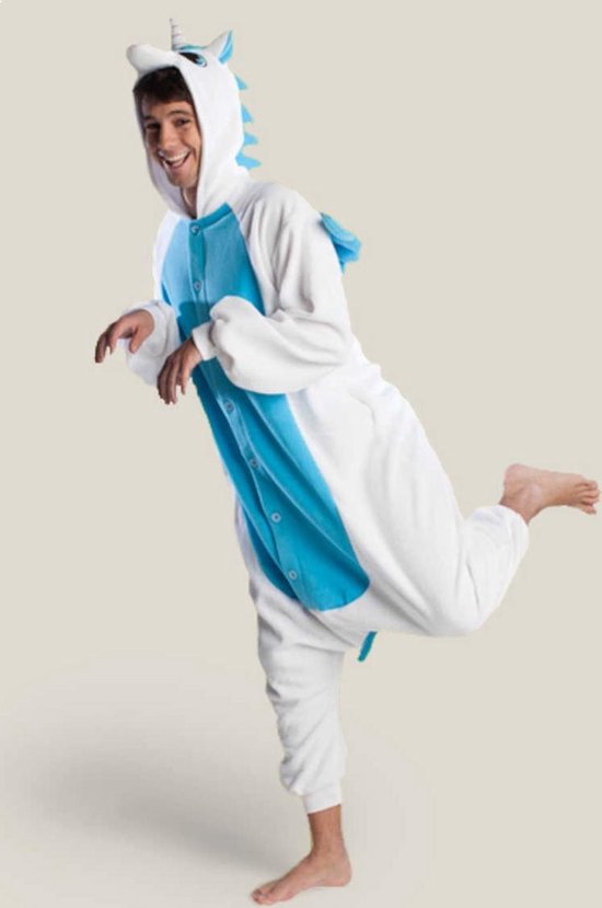 KIMU Onesie Blauwe Pegasus Pak - Maat 128-134 - Pegasuspak Kostuum Wit Blauw Unicorn - Kinder Dierenpak Jumpsuit Huispak Pyjama Meisje Festival