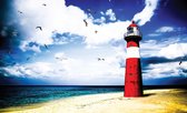 Fotobehang - Vlies Behang - Vuurtoren op het Strand aan Zee - 312 x 219 cm