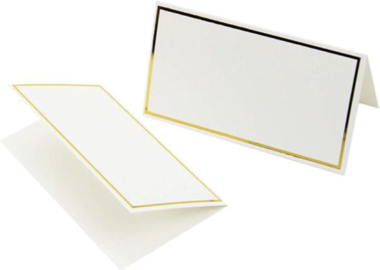 Twee witte naamkaartjes met gouden rand, waarvan één rechtop staat en de andere plat ligt.