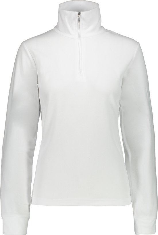 Voorkant van een witte fleece trui met een halve rits en opstaande kraag.