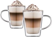 Latte Macchiato glazen, 300 ml, dubbelwandige glazen, set koffieglazen van borosilicaatglas, theekopjes met handvat, cappuccino kopjes voor koude en warme dranken, 10,8 x 6,5 cm