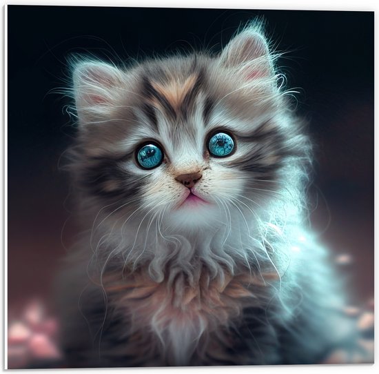 PVC Schuimplaat - Aandoenlijke Kitten met Helder Blauwe Magische Ogen - 50x50 cm Foto op PVC Schuimplaat (Met Ophangsysteem)