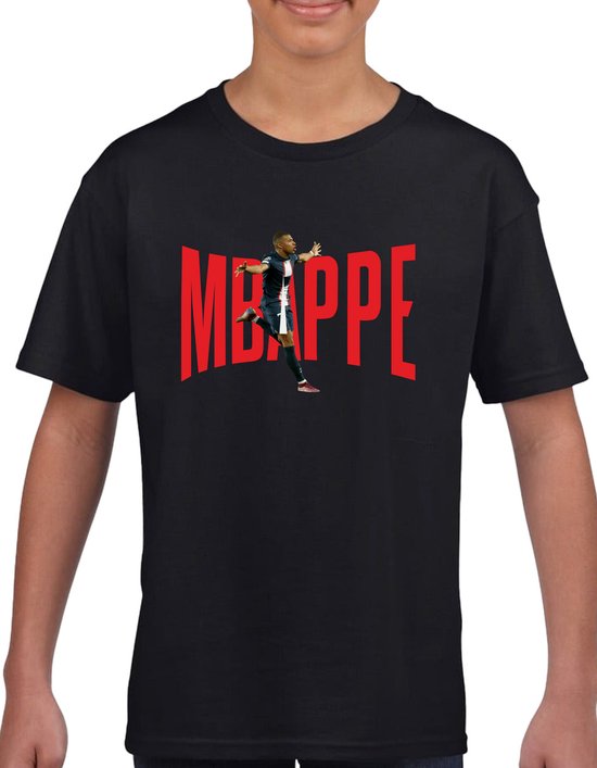 Mbappe - kylian - PSG - - Kinder T-Shirt - Zwart text rood- Maat 146 - T-Shirt leeftijd 11 tot 12 jaar - Grappige teksten - Cadeau - Shirt cadeau - Mbappe - 10 - kylian - PSG - voetbal - korte mouwen -