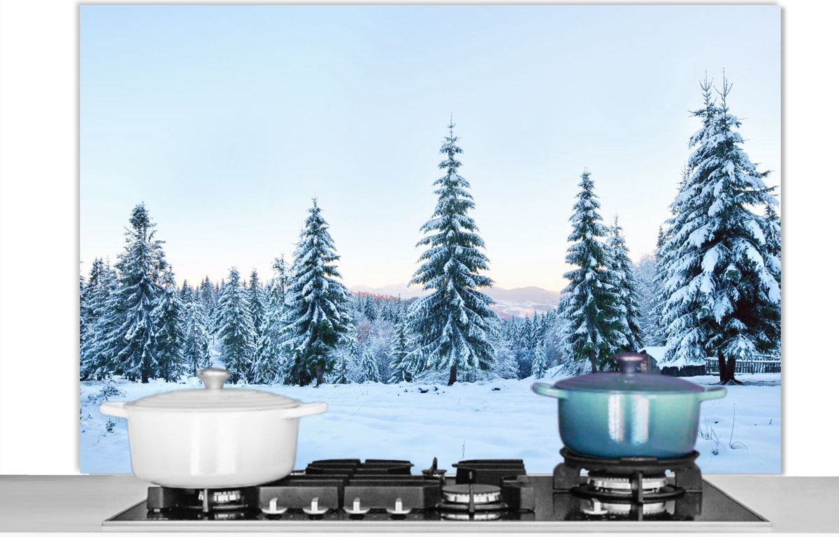 Spatscherm keuken 120x80 cm - Kookplaat achterwand Winter - Sneeuw - Bomen - Muurbeschermer - Spatwand fornuis - Hoogwaardig aluminium
