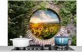 Spatscherm keuken 120x80 cm - Kookplaat achterwand Zonnebloemen - Doorkijk - Bloemen - Zon - Muurbeschermer - Spatwand fornuis - Hoogwaardig aluminium
