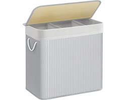 Songmics - Wasmand met 3 compartimenten - 150 liter - van bamboe - 62x40x61.5 cm - grijs