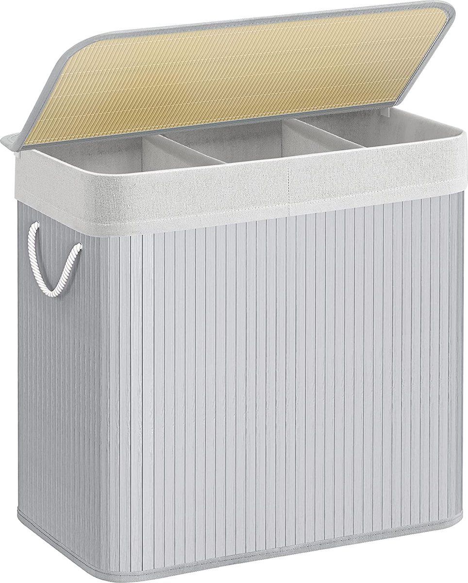Songmics - Wasmand met 3 compartimenten - 150 liter - van bamboe - 62x40x61.5 cm - grijs