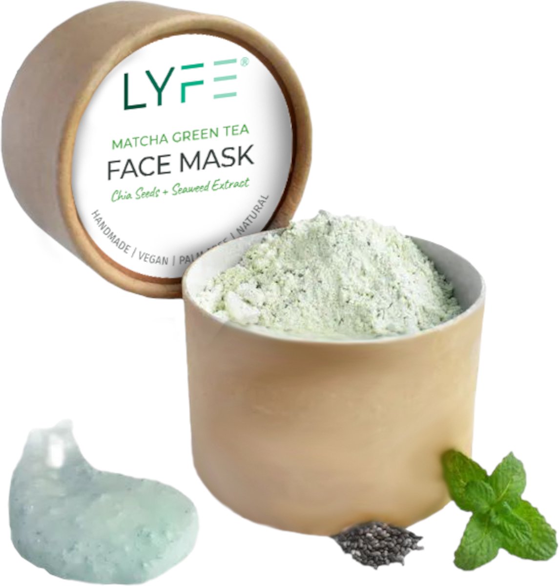 LYFE Matcha Green Tea Face Mask Beauty Natural Antioxidant with Chia seeds and Sea Weed Extract, Rejuvenating, Hydrating and Toning. Vegan Luxury 45 gram Powder Eco-pack