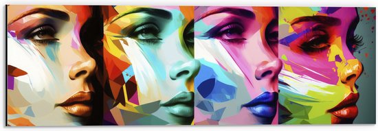 Dibond - Artistieke Collage van Zijaanzichten van Kleurrijke Vrouwen - 60x20 cm Foto op Aluminium (Met Ophangsysteem)