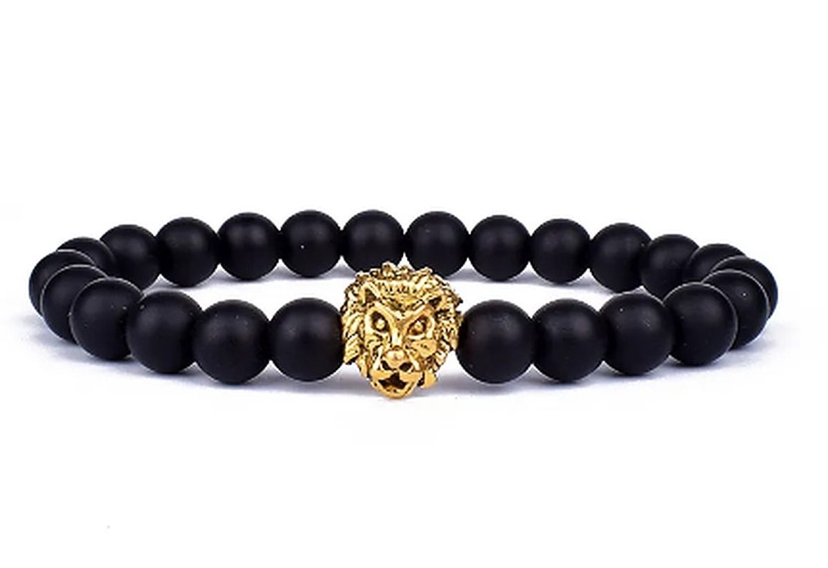 TVR-Wares® | Kralen armband Matte zwart leeuw goud 6mm | zwart | maat M | 19cm