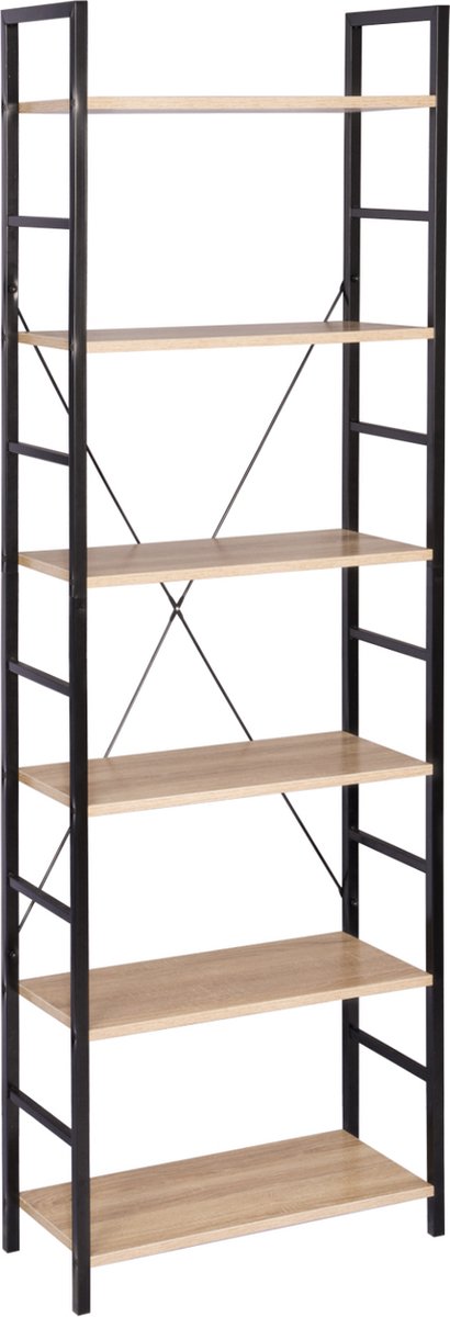 Kamyra® Boekenkast met 6 Lagen - Opbergkast - Wandkast - Ladderrek - Licht Eik / Zwart 60x28x180 cm