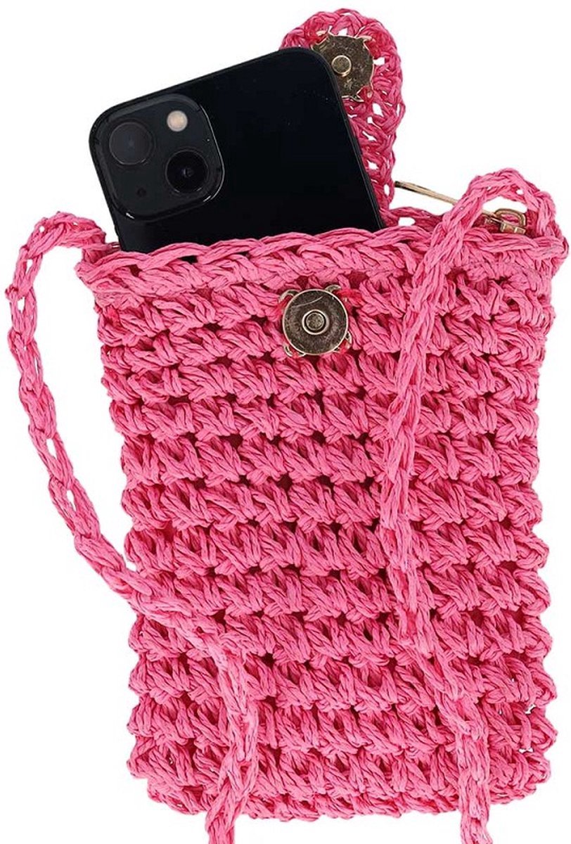 Telefoontasje dames met rits en drukknoop - Schoudertasje telefoon - Gevlochten papierstro - Fuchsia