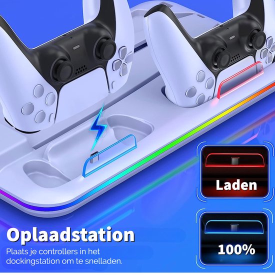 Oplaadstation voor controllers. Rode indicator bij laden, blauwe indicator bij 100%.