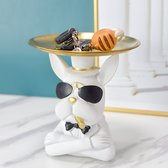 Witte Hond Luxe Buldog Standbeeld Met Schaal Woonkamer Tafel Kantoor Bureau Kast Decoratie Decoratieve Opslag Dienblad Sculptuur Tafel Ornamenten Dier Beeldje Voor Thuis Kantoor Decoratie