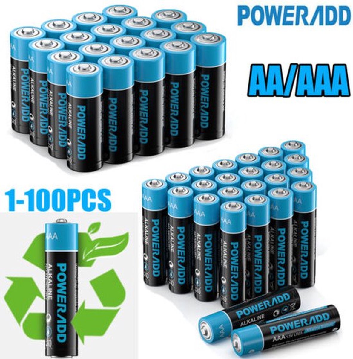 POWERADD batterijen LR06 - 16 x AAA-batterij en 16 x AA-Batterij - 32 stuks - Alkaline AA - 1.5V - Duurzaam - voor huishoudelijk gebruik