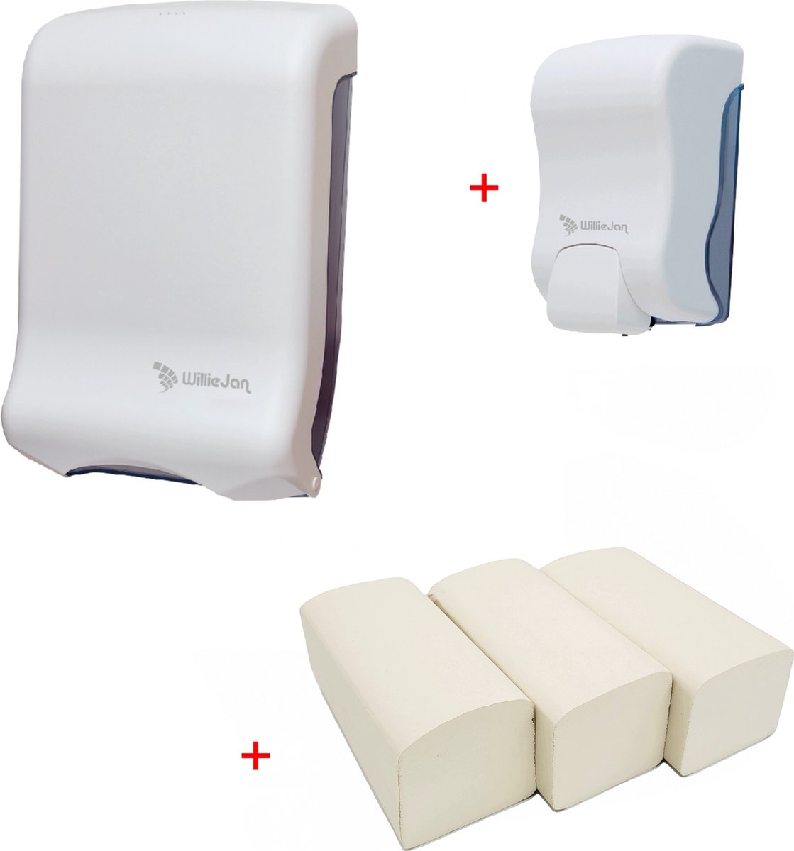WillieJan handen wassen bundel 9002 – Wit – Zeepdispenser – Handdoekjes dispenser + 3 bundels handdoekjes