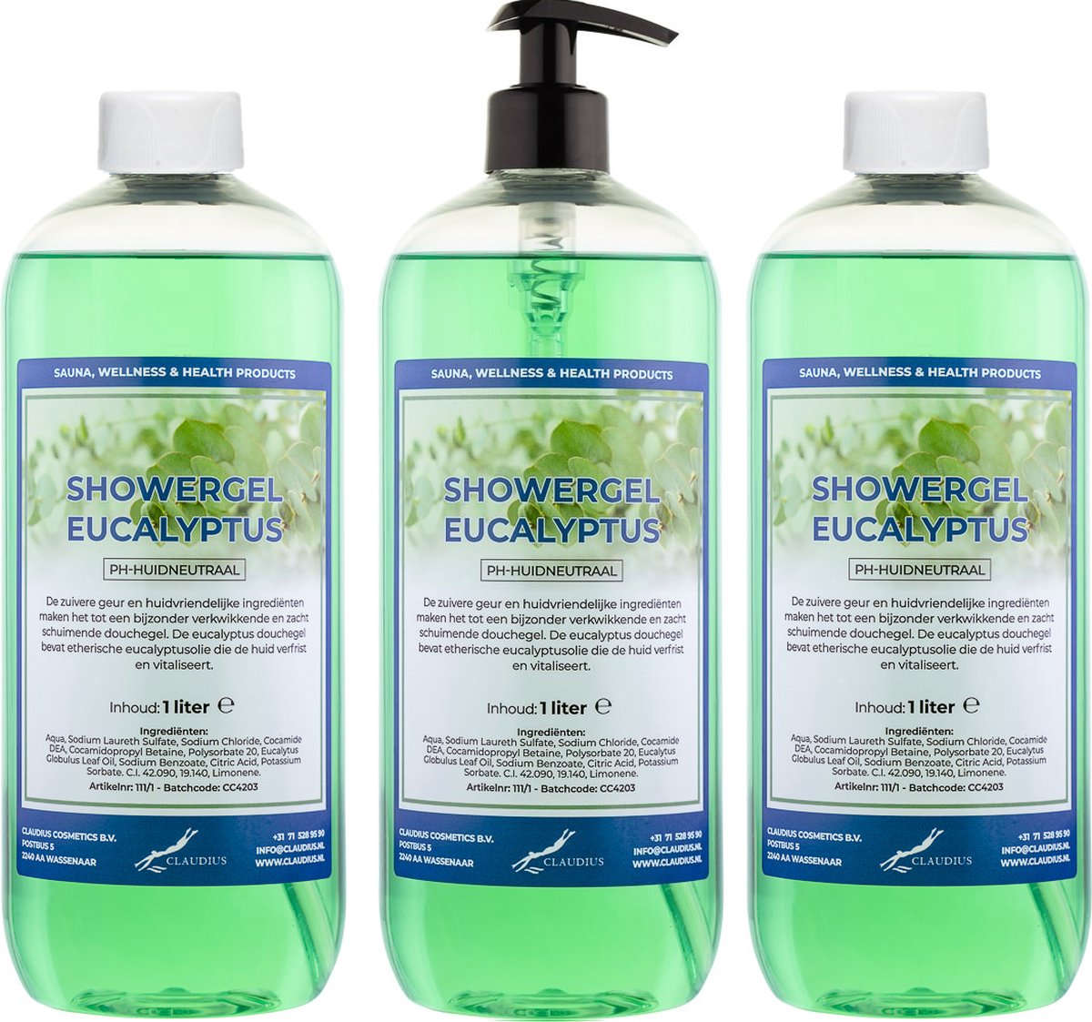 Goedkoopste Claudius Douchegel Eucalyptus 1 liter - set van 3 stuks - met gratis pomp - Showergel