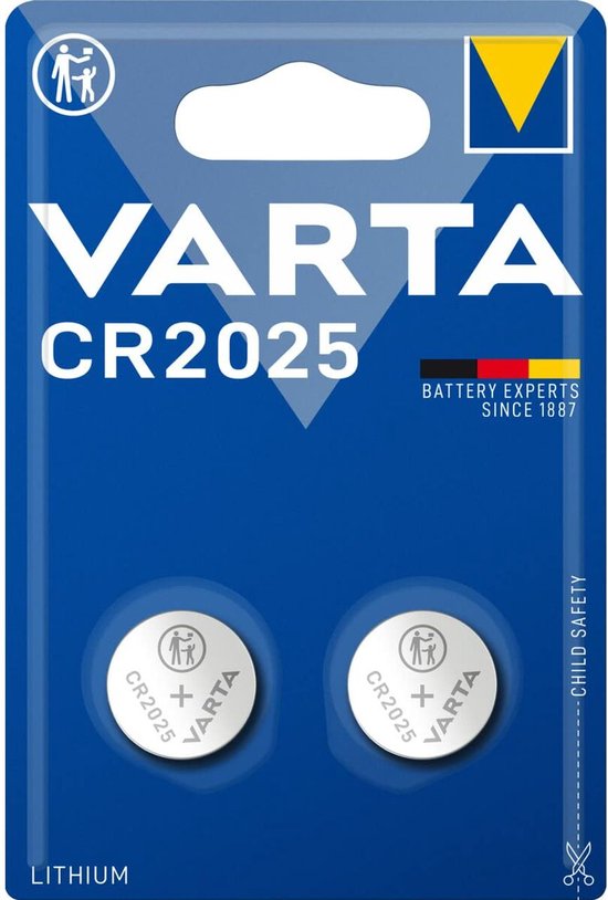 Varta CR2025 lithium knoopcelbatterijen, 2 stuks in blauwe verpakking.