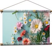 Textielposter - Verschillende Kleuren en Soorten Bloemen op Pastelblauwe Achergrond - 60x40 cm Foto op Textiel