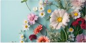 Poster Glanzend – Verschillende Kleuren en Soorten Bloemen op Pastelblauwe Achergrond - 100x50 cm Foto op Posterpapier met Glanzende Afwerking