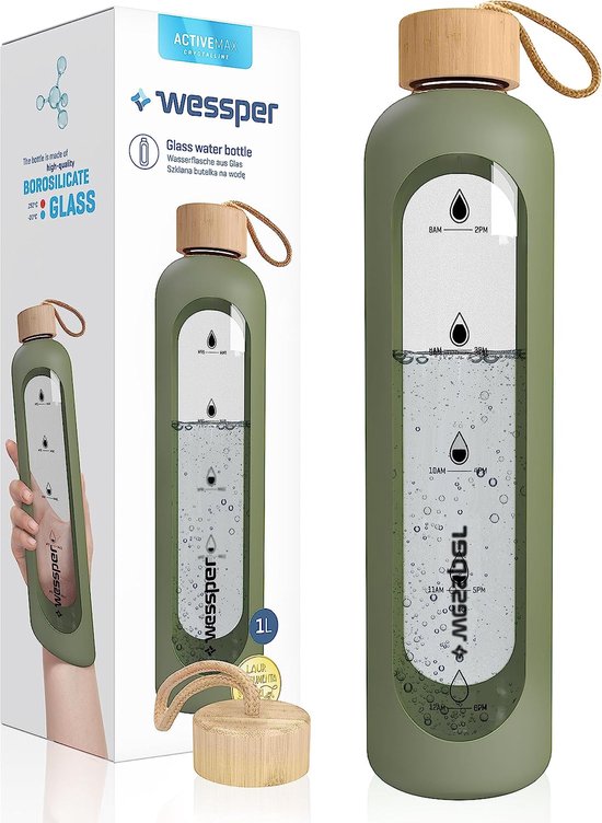 Bouteille En Verre Quokka 660 Ml Avec Housse Silicone – Sans BPA, Anti-Fuite – Couvercle Bambou – Vert Fluo