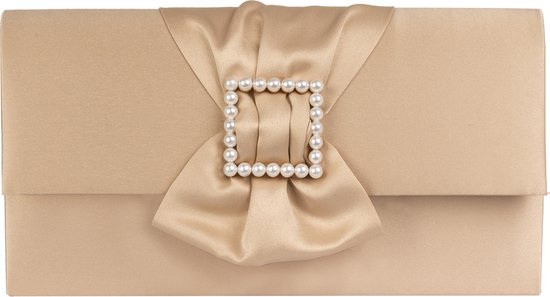 Bow envelop voor Dames / Schoudertas - Satijn met parel gesp - Goud/ Avondtasje met schouderriem/ Effen Clutch handtasjes