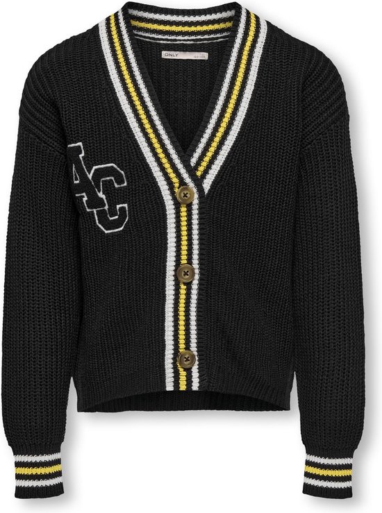 ONLY KOGFIA L/S COLLEGE CARDIGAN KNT Meisjes Vest - BlackDetail:w. Cloud dancer and Misted yellow - Maat 146/152