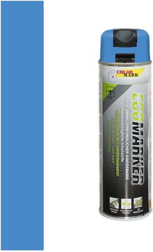 Blauwe spuitbus met blauwe dop, naast een brede blauwe streep. De spuitbus heeft een ecologisch label.