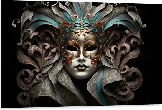 Dibond - Wit Venetiaanse carnavals Masker met Blauwe en Gouden Details tegen Zwarte Achtergrond - 105x70 cm Foto op Aluminium (Wanddecoratie van metaal)