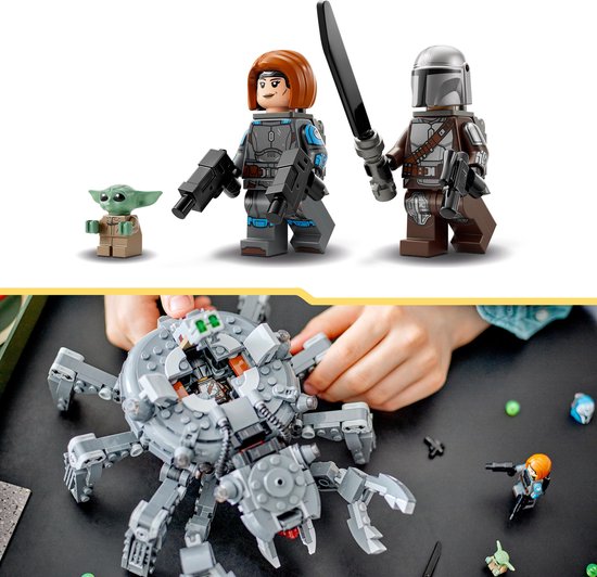 LEGO Star Wars: The Mandalorian, Grogu en Bo-Katan Kryze poppetjes. Onderkant toont Spider Tank. 