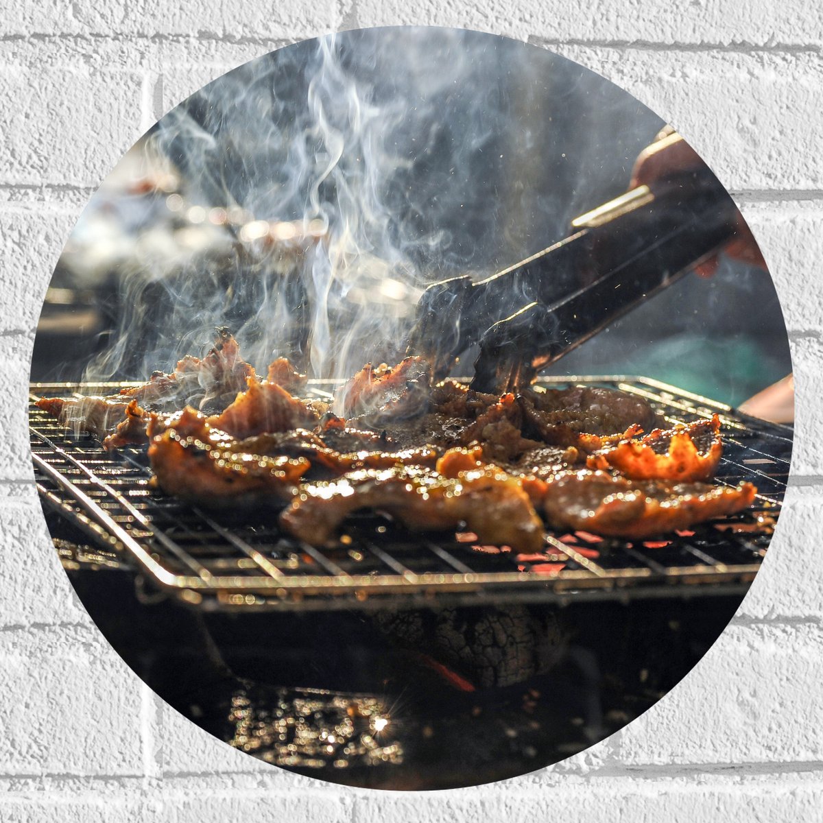 Muursticker Cirkel - Barbecue - Kool - Rook - Tang - Vlees - Bakken - Eten - Buiten - 40x4