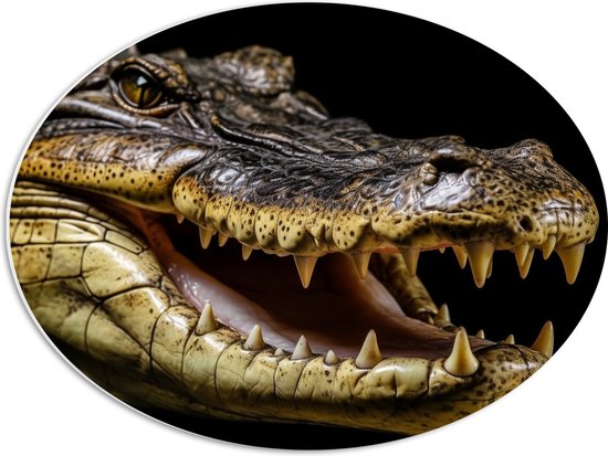 PVC Schuimplaat Ovaal - Krokodil opent zijn bek en laat tanden zien voor zwarte achtergrond - 56x42 cm Foto op Ovaal (Met Ophangsysteem)