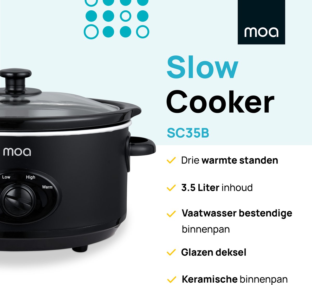 Afbeelding 2 van MOA Slowcooker 3,5L - Ø 24,5cm - Keramische Binnenpan - Doorzichtige Deksel - 3 Warmtestanden - Vaatwasserbestendig - BPA-Vrij - RVS