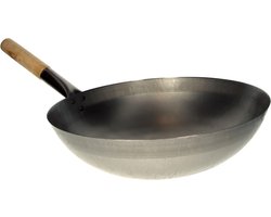 Stalen Wokpan - Ø 33 cm - Houten Handvat - Ronde bodem - Traditioneel - Exclusief Wokring
