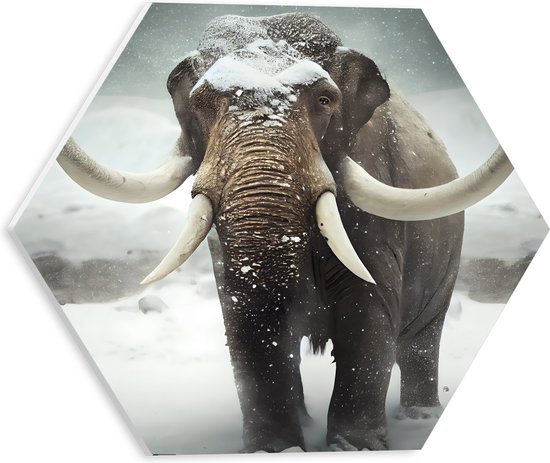 PVC Schuimplaat Hexagon - Olifant met grote slagtanden in de sneeuw - 30x26.1 cm Foto op Hexagon (Met Ophangsysteem)