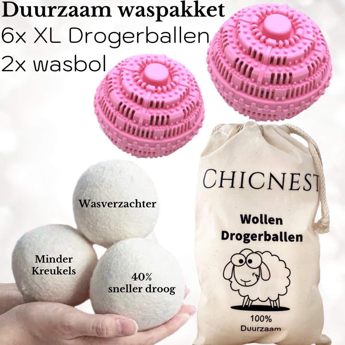 CHICNEST DUURZAAM WASPAKKET - 6XL Drogerballen + Ecologische wasmachine bollen - wassen zonder wasmiddel - wasmachine ballen - drogerbollen - duurzaam wassen