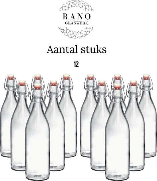RANO - 12x beugelfles 1000ml / 1 liter | porseleinen dop | Luchtdicht | fles met beugelsluiting | beugelflessen | weckfles | inmaakfles | sapfles | glazen flesjes met dop | decoratie