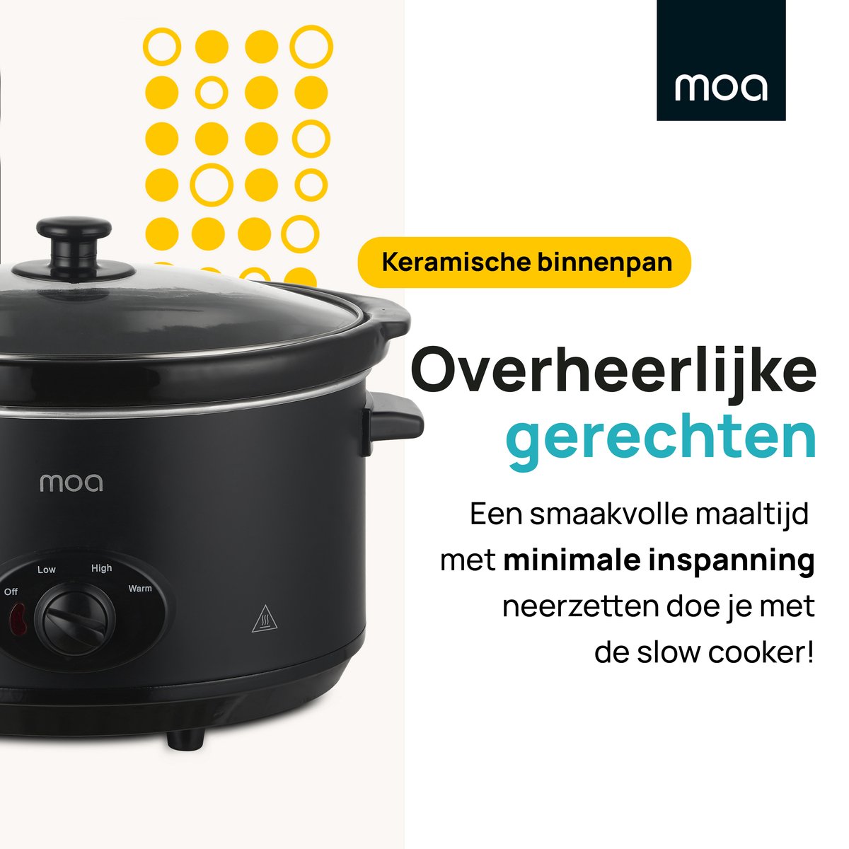 Afbeelding 3 van MOA Slowcooker 6,5L - Ø 24,5cm - Keramische Binnenpan - Doorzichtige Deksel - 3 Warmtestanden - Vaatwasserbestendig - BPA-Vrij - Zwart