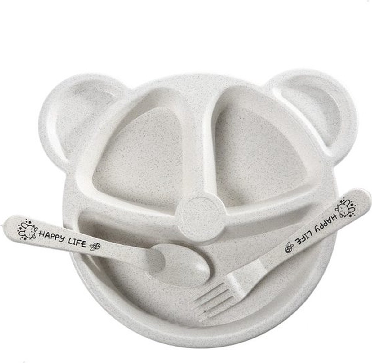 Goedkoopste Baby Servies - Vakjesbord - Kinder Bestek - Vork - Lepel - Oefenbestek - Creme - Tarwestro - Duurzaam